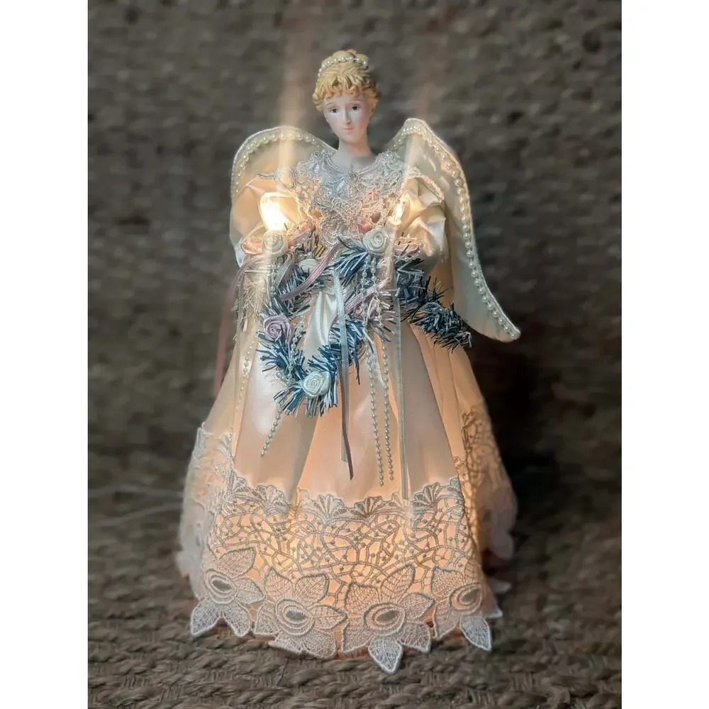 Vintage Traditions Lighted Angel Christmas Tree Topper Satin Gown Roses Beaded